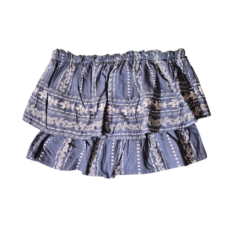 Japna Blue Floral Tiered Mini Skirt Smocked Waist Boho Rayon Ruffle Small